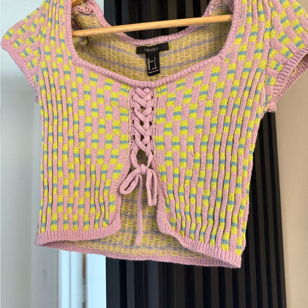 Forever 21 Pink and Yellow Lace-Up Blouse